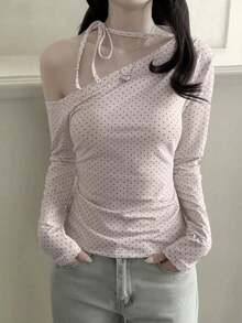 Blusa de manga larga de punto a lunares rosas, estilo coreano, con lazo en un hombro, adecuada para uso casual, en casa, calle y uso diario en primavera - Rosa - Ver 1