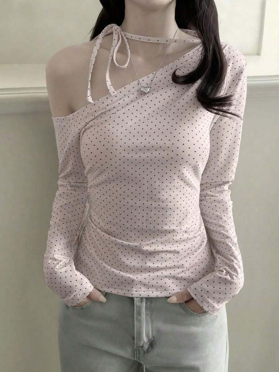 Blusa de manga larga de punto a lunares rosas, estilo coreano, con lazo en un hombro, adecuada para uso casual, en casa, calle y uso diario en primavera - Rosa - Ver 1