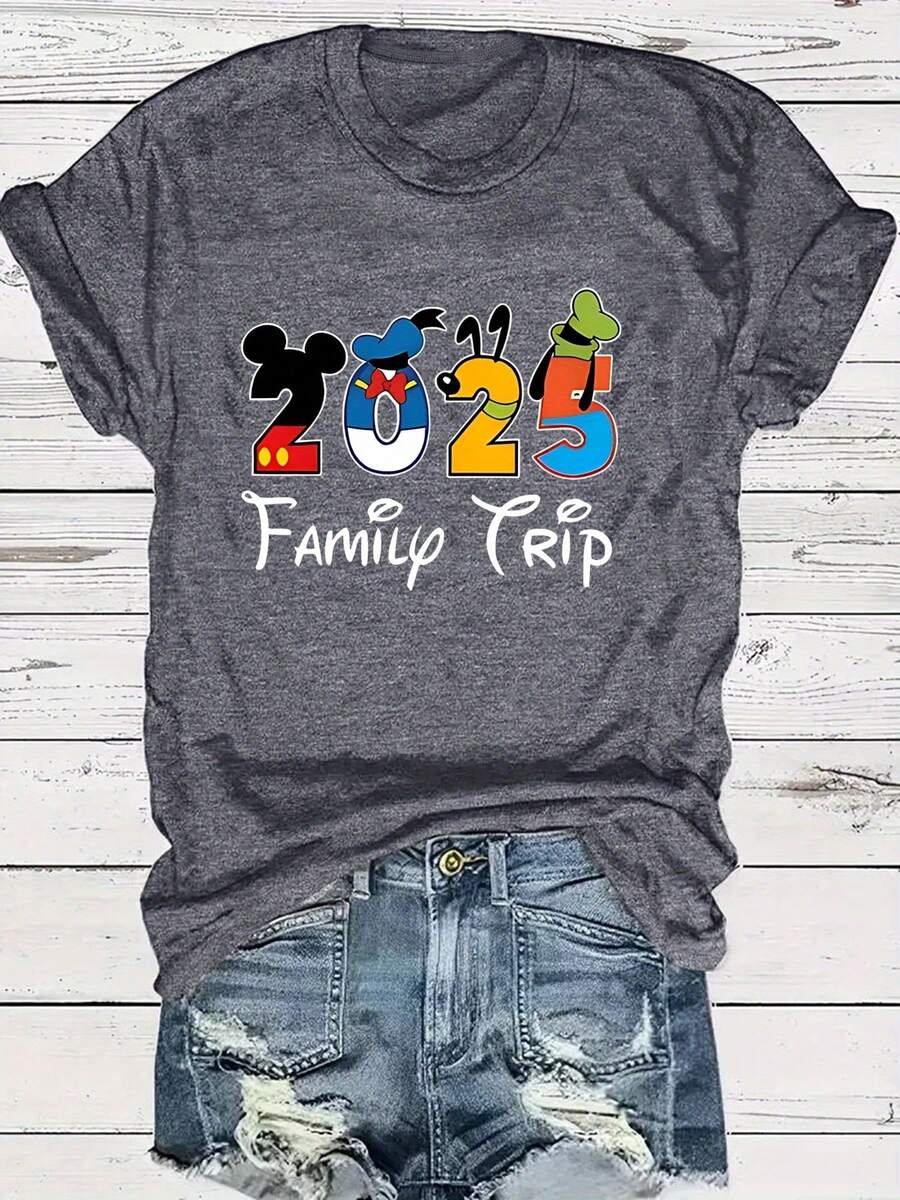 Women'S Plus Size Casual Crew Neck T-Shirt with Colorful 2025 Family Trip Graphic Print, Slight Stretch Fabric, Perfect for Spring and Summer Outfits, Casual Wear | Fun Print Shirt | Soft Fabric - Gris Oscuro - Ver 1