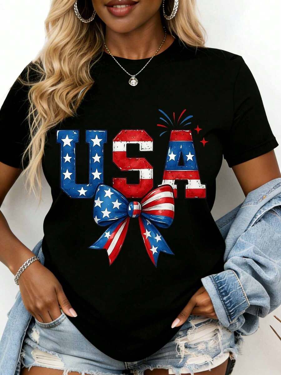 Patriotic Usa Flag Bow T Shirt Women Independence Day Celebration Red White Blue Stars And Stripes Graphic Tee Fourth Of July Party Outfit American Flag Design Casual Top - màu đen - Xem 1