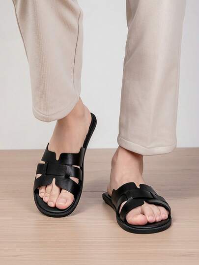 Summer Slip-On Slippers, Minimalist Design, Breathable Dual-Strap, Woven Texture, Elegant For Outdoor & Indoor Wear