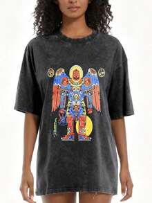 1 pieza de camiseta de mujer con estampado artístico boho, diseño de criatura mítica colorida, ropa casual de verano, regalo para ella, 180g, 100% algodón. - Gris Oscuro - Ver 8