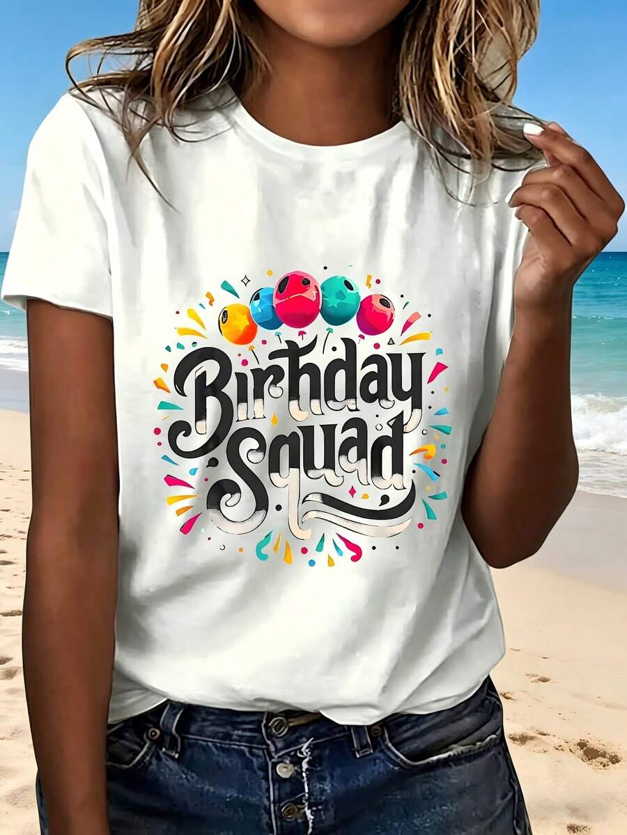 Birthday Squad T Shirt With Colorful Balloons And Fun Design Perfect For Party Celebration Birthday Gift For Friends Family Casual Wear Outdoors Beach Vacation Fashionable Trendy Style Cute And Playful Look Great Choice For Group Events And Special Occasions - Blanco - Ver 1