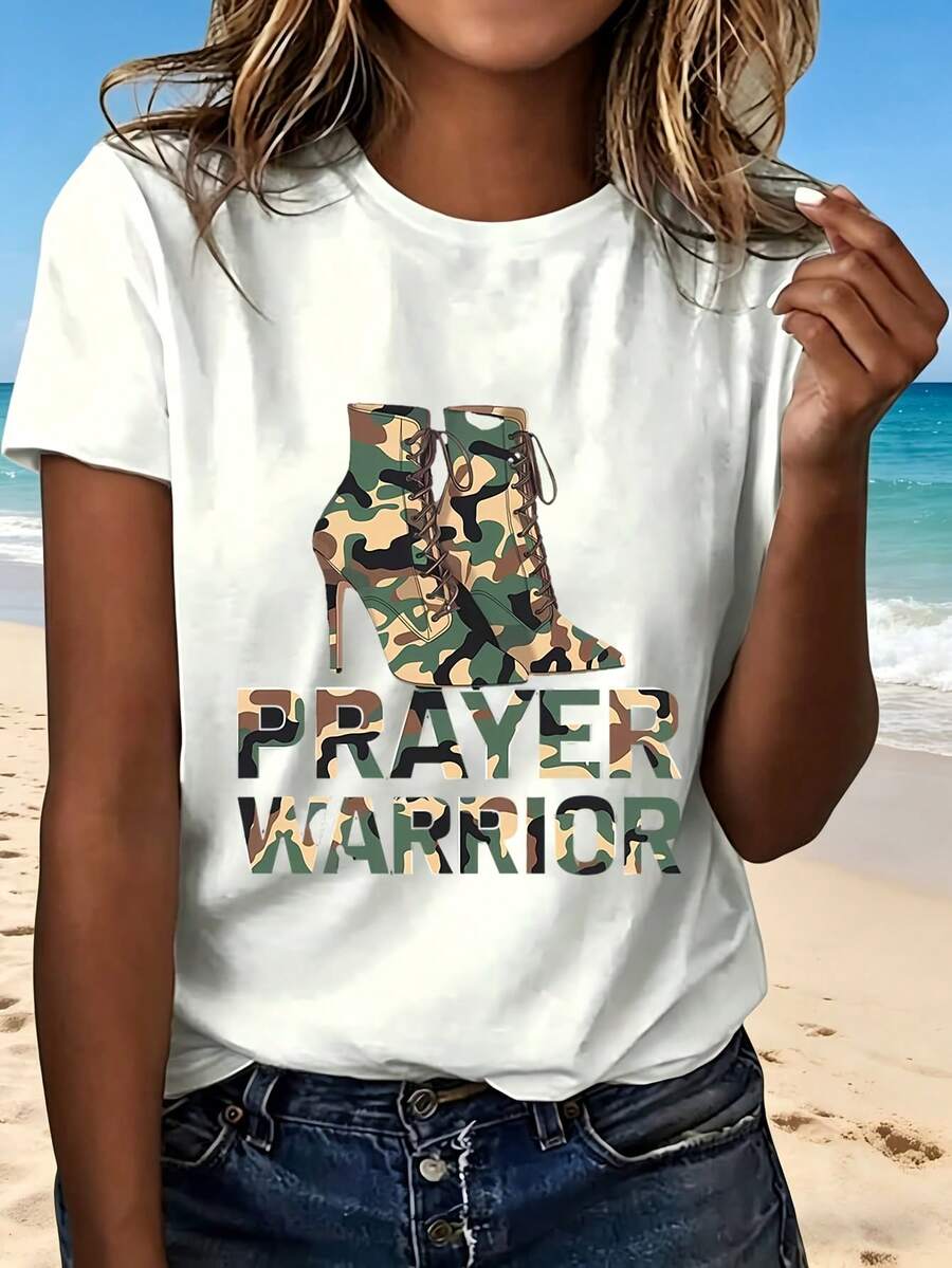Prayer Warrior Camouflage Heel Boots T-Shirt With Fashion Design Trendy Style Casual Wear Perfect Gift For Women Outdoor Leisure Activities - Blanco - Ver 1