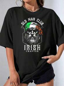 Women's T-Shirts, Casual Short Sleeve Party T-Shirt, Oversized OneWhite T-Shirt With Old Man Club Irish Chapter Print For Casual Use 180g - 黑色 - 查看 7