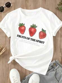 Fashionable Casual T-Shirt For Women, Loose Fit, Round Neck, Short Sleeve, Strawberry Graphic Print "Fruits Of The Spirit", For Daily Wear And Religious Events, 100% Cotton, Durable. - 白色 - 查看 3