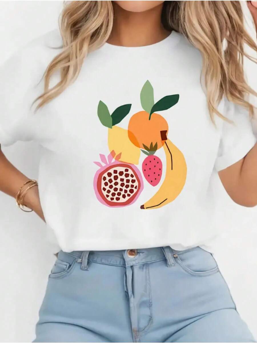 Camiseta unisex casual estampada (con divertidos motivos de frutas y diseños artísticos) – Estilo veraniego de manga corta y cuello redondo en color blanco, una pieza esencial vibrante, de corte holgado. |   Camiseta con estampado de frutas |   A la moda y cómoda, adecuada para el uso diario - Camiseta unisex de algodón de manga corta y cuello redondo estilo vintage para mujer. blusas.blusas casuales para dama. - Blanco - Ver 1