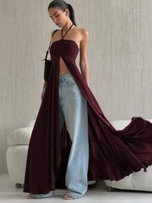 Vestido elegante sin mangas estilo halter diseño exclusivo, corte ajustado con abertura amplia, estilo versátil y único - Burdeos - Ver 2