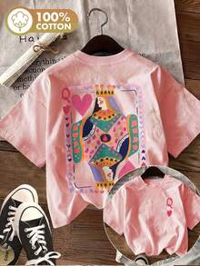 Edición Limitada, Camiseta Casual de Verano para Mujer con Estampado de Doble Cara, Estilo Ilustrado, Estampado de Naipes, Corazón, Reina, Cuello Redondo, Manga Corta, Algodón Ligero - Blanco - Ver 10