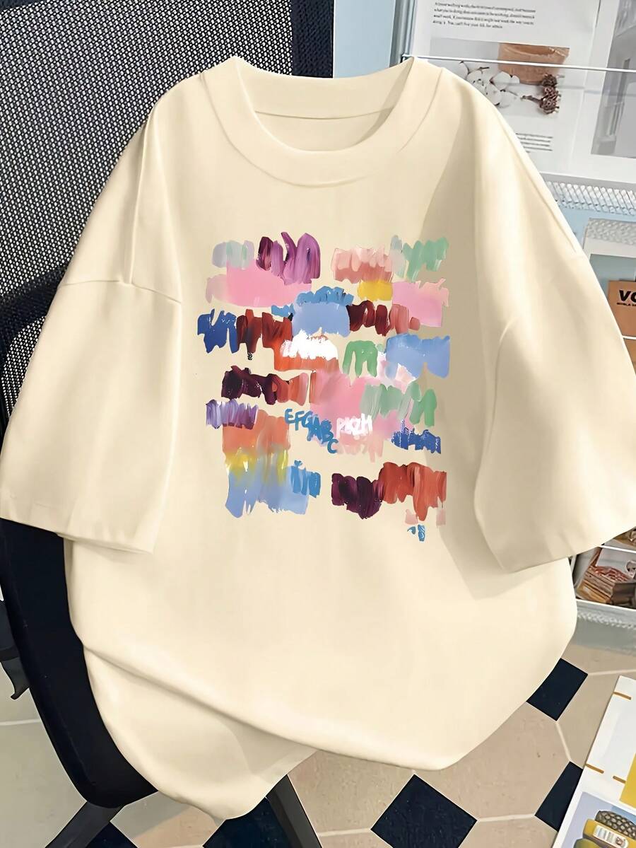 Limited Edition: Women's Y2K Style Oversized Short Sleeve T-Shirt - Long Top With Cartoon Print, Lightweight (200 G/M²), Round Neck, Casual Summer Top For Spring And Autumn, Lightweight Cotton - 杏色 - 查看 1