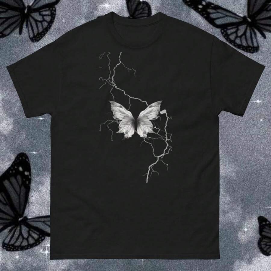 Camiseta de estilo estético de mariposa, camisa gótica, ropa decadente, vestimenta gótica, estilo gótico, Y2K, camisa unisex de tonos oscuros, Tumblr camisas de mujer sudaderas para mujer sueter blusa casual mujer verano vestidos de graduación - Negro - Ver 1