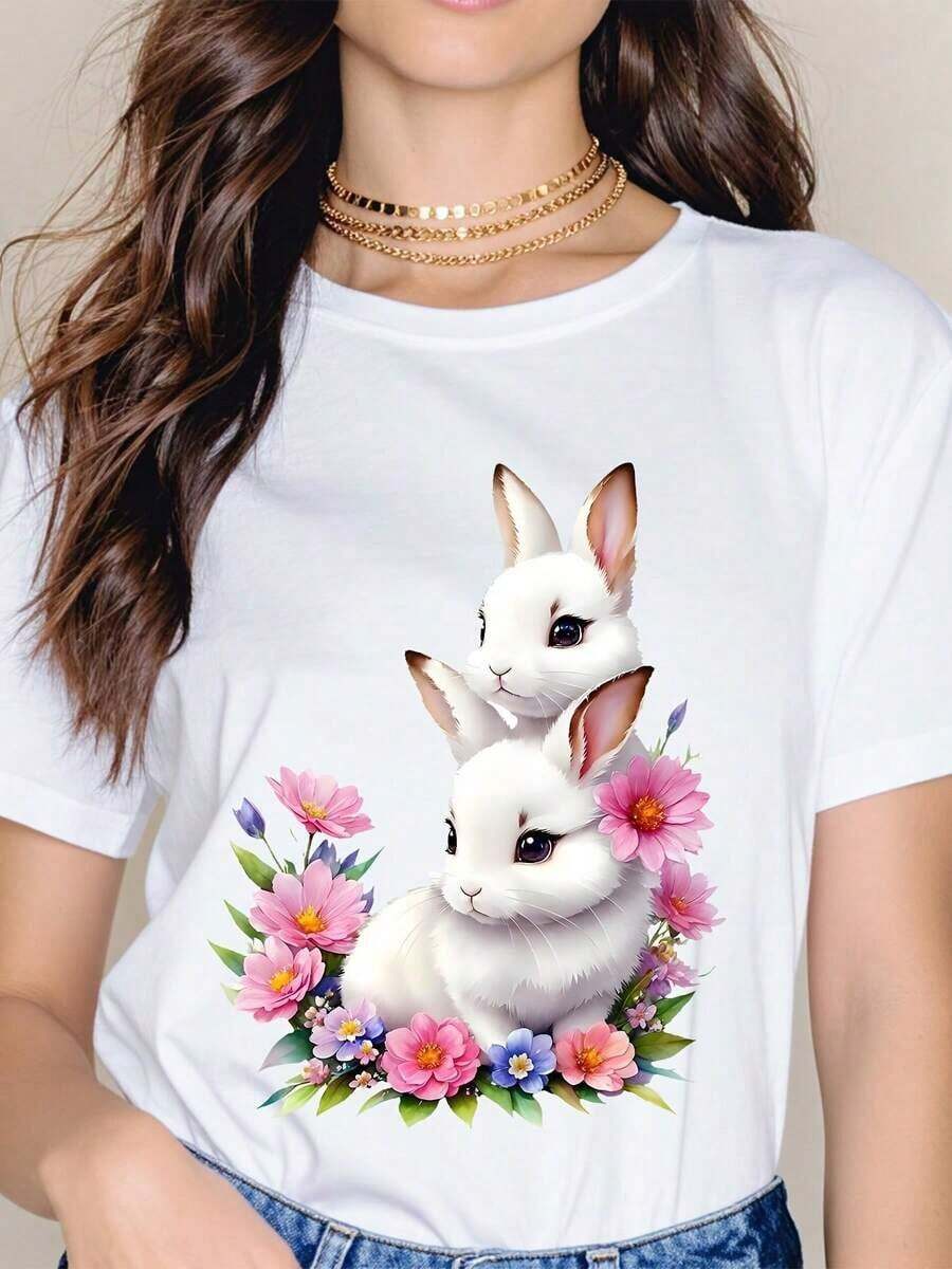 Camiseta de manga corta para mujer, camiseta con estampado floral de conejo blanco, diseño de animales lindos, top casual de manga corta, camisa de moda para primavera y verano. - Blanco - Ver 1