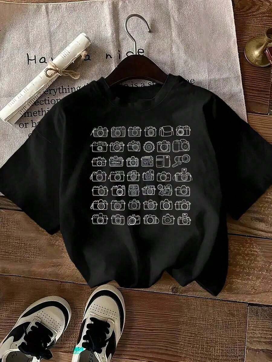 Ropa Curvy En Oferta Y Camiseta De Manga Corta Con Estampado De CuadríCula E Icono De CáMara Retro - Camiseta Unisex Casual De Cuello Redondo Y Manga Corta Con Estampado, Ultra Suave Y Transpirable, Ideal Para El Verano, Regalo Perfecto Para FotóGrafos, Entusiastas De Las CáMaras Y Amantes De Los Viajes, Adecuada Para Uso Diario En Grupos De FotografíA, Linda Y A La Moda, Perfecta Para Vacaciones.Camisetas Para Mujer Y2K - Negro - Ver 1