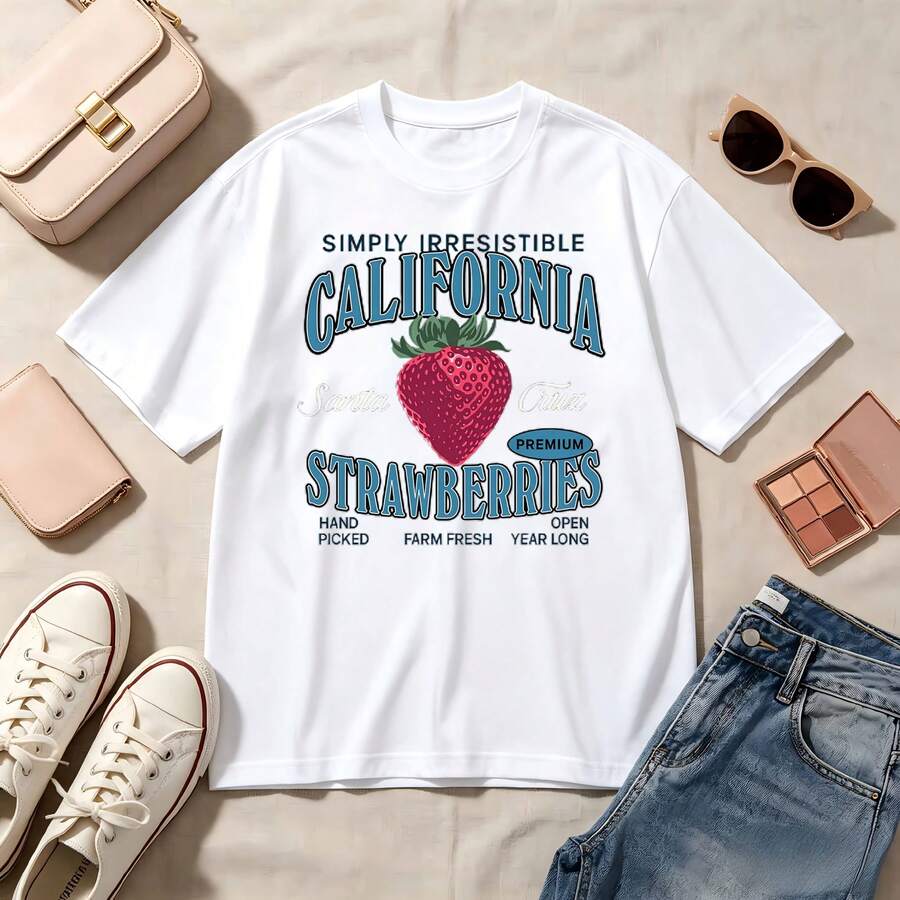 Retro California Strawberries, 100% Cotton, Oversized Soft Breathable Casual Crewneck, Short Sleeve Top, Summer Vibes, Streetwear, Aesthetic, Strawberry Lovers - 白色 - 查看 1