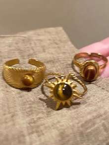 6pcs Asymmetrical Sun & Snake Design Copper Inlaid Cubic Zirconia Rings Set, Fashionable & Unique, Suitable For Party & Travel - Yellow Gold - View 6