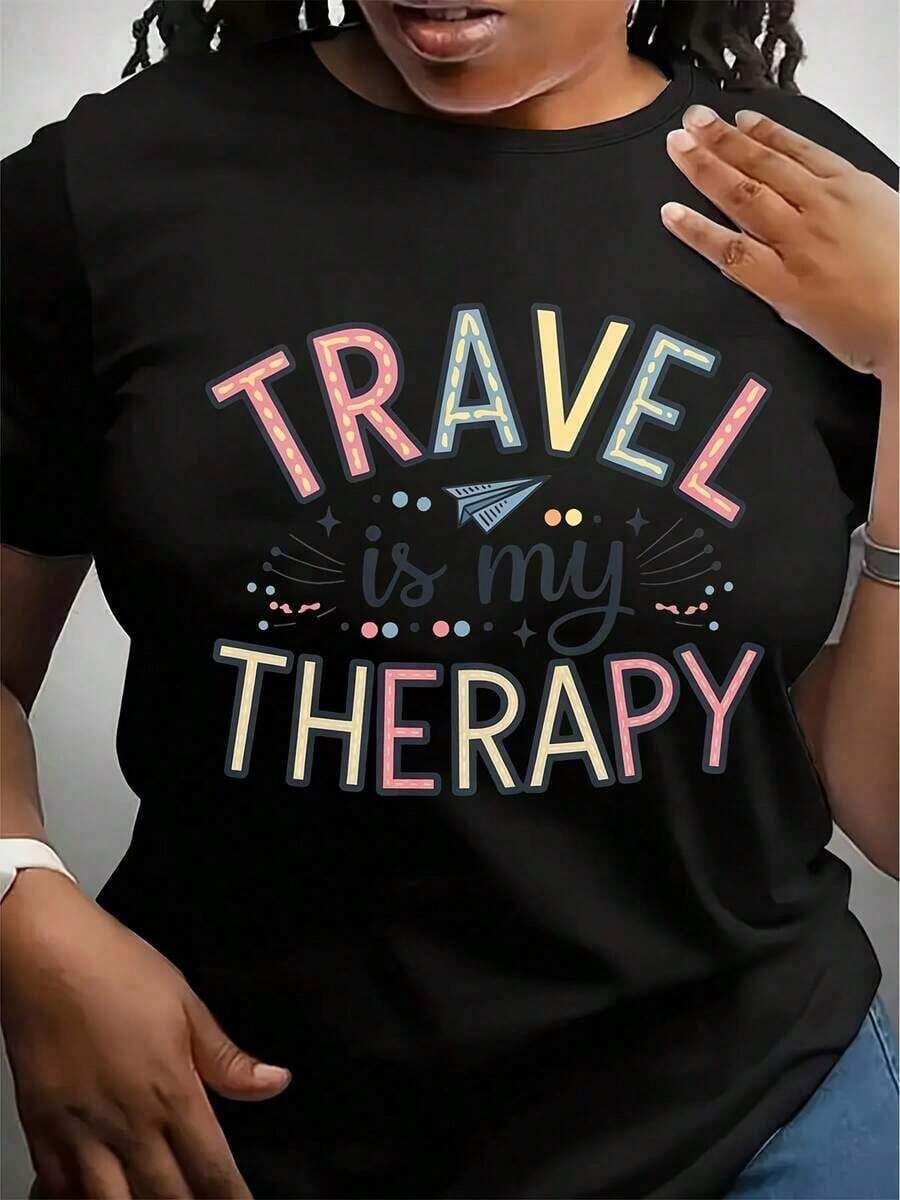 Camiseta de Mujer "El Viaje Es Mi Terapia", Cuello Redondo Casual, Manga Corta, Tejido de Punto con Patrón Geométrico (95%) con Spandex (5%), Largo Regular, Comodidad para Todas las Temporadas, Peso de Tela 180gm² - Negro - Ver 1