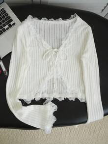新款春夏韩版修身荷叶边V领针织女式毛衣 - 乳白色 - 查看 5