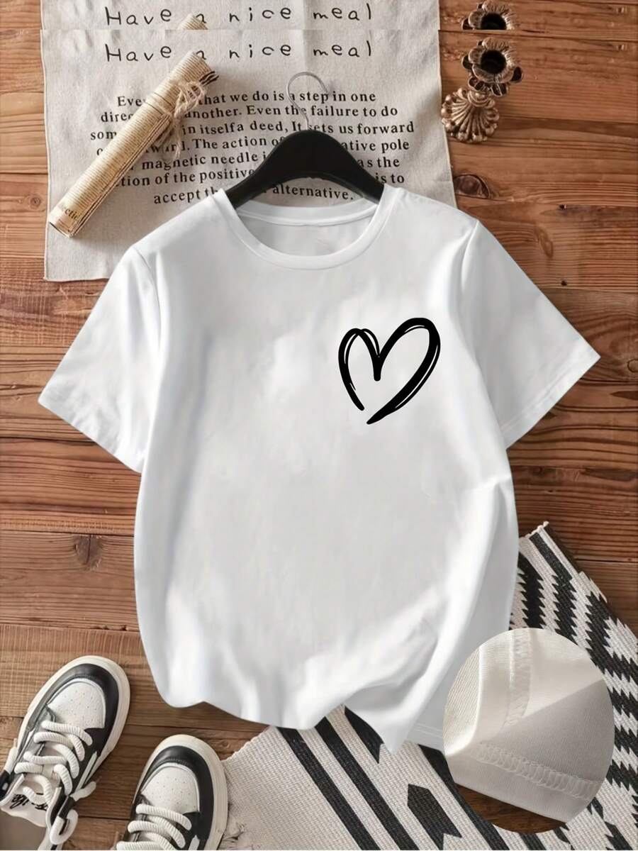 Men's And Women's Black And White Geometric Heart Print T-Shirt - Modern And Minimalist Casual Short Sleeve Crew Neck Top, Regular Fit, Comfortable For All Seasons, For Everyday Wear And Parties, Breathable And Durable - 白色 - 查看 1
