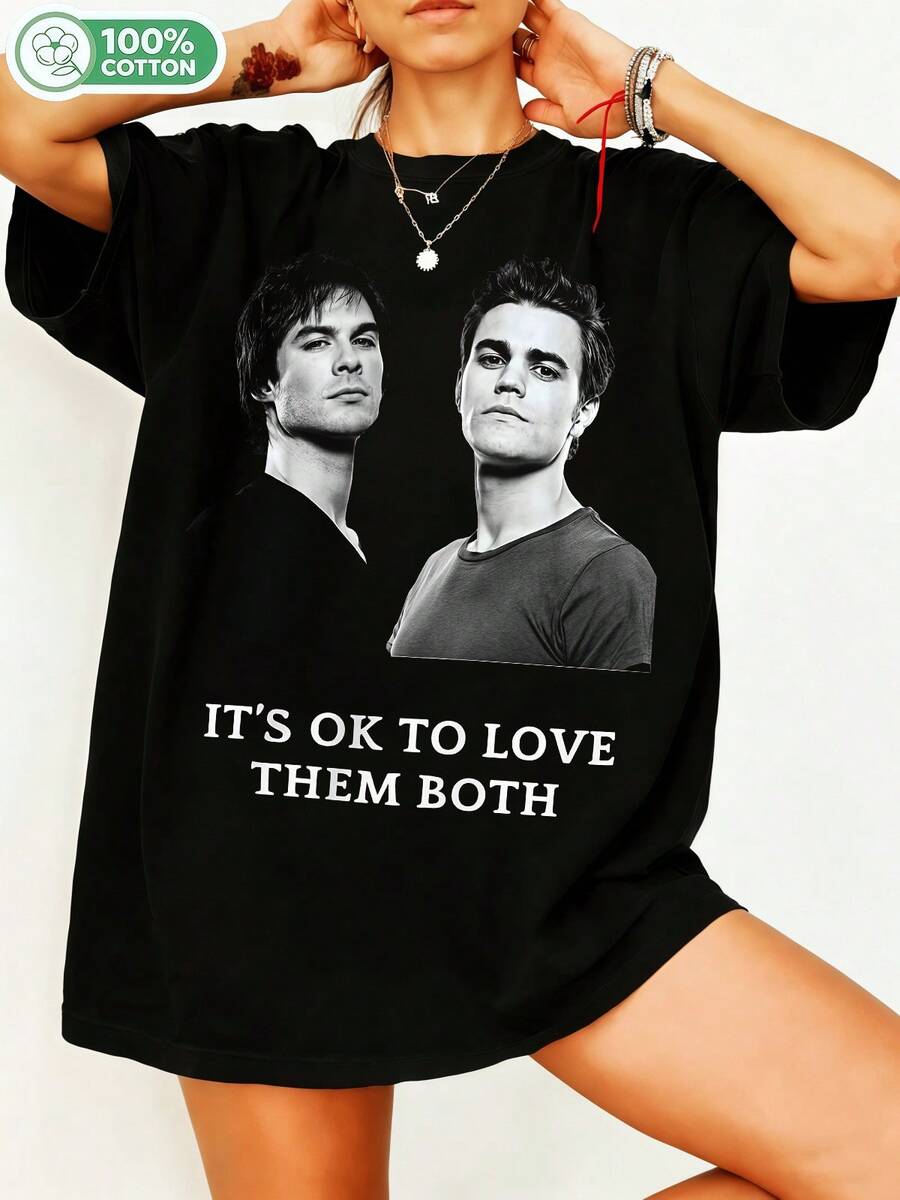 TV Show Fan Art T-Shirt, Stefan & Damon Salvatore Black And White Double Portrait, "It's Okay To Love Them Both" Cute Quote, Gothic Romantic Style, Unisex Oversized 100% Cotton Crew Neck. - Black - View 1