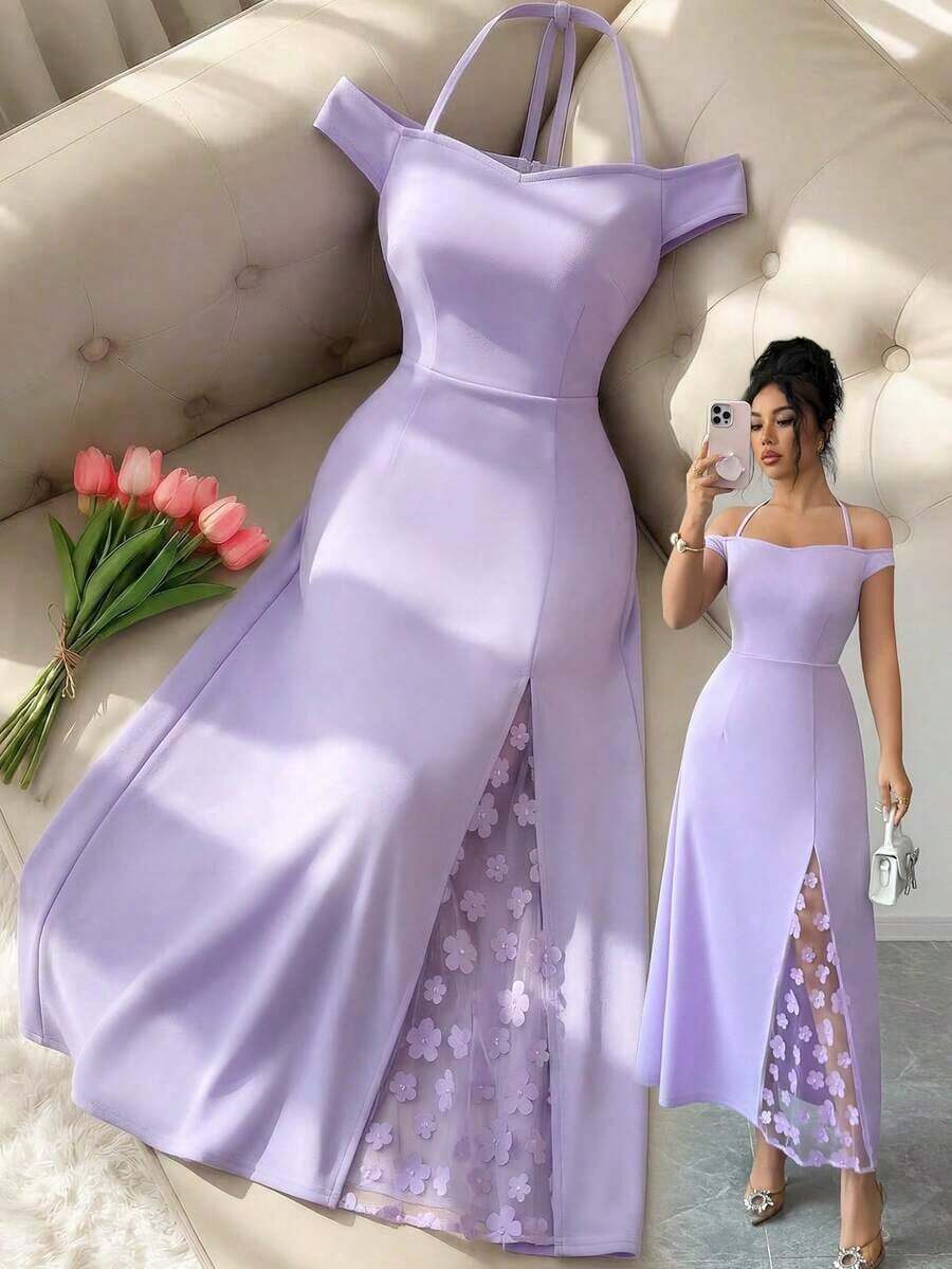 YHHElenzga Vestido elegante de mujer con hombros descubiertos, silueta ajustada con paneles laterales con ribete de encaje y abertura hasta el muslo, adecuado para fiestas de noche, citas, eventos sociales ligeros y salidas casualesYHH - Morado - Ver 1