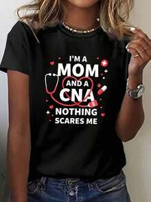 Camiseta con estampado "Mom CNA", manga corta, cuello redondo, top casual para verano y primavera, ropa de mujer, transpirable y cómoda. - Negro - Ver 1