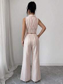 conjunto de 2 piezas de primavera/verano con top sin mangas de lino texturizado a rayas azul y blanco, y pantalones casuales acampanados con bolsillos duales, elegante estilo casual - Rosa - Ver 2