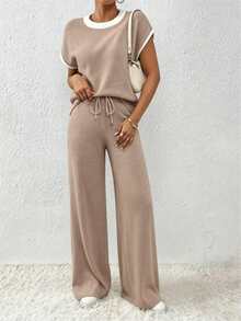 Plus Size Women Solid Color Casual Contrast Color Round Neck Knit Top And Knit Pants Set - Apricot - View 2