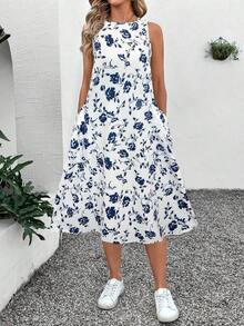 LUNE Vestido midi casual y elegante de cuello redondo, sin mangas, con bajo acampanado y estampado floral retro - Azul y blanco - Ver 7