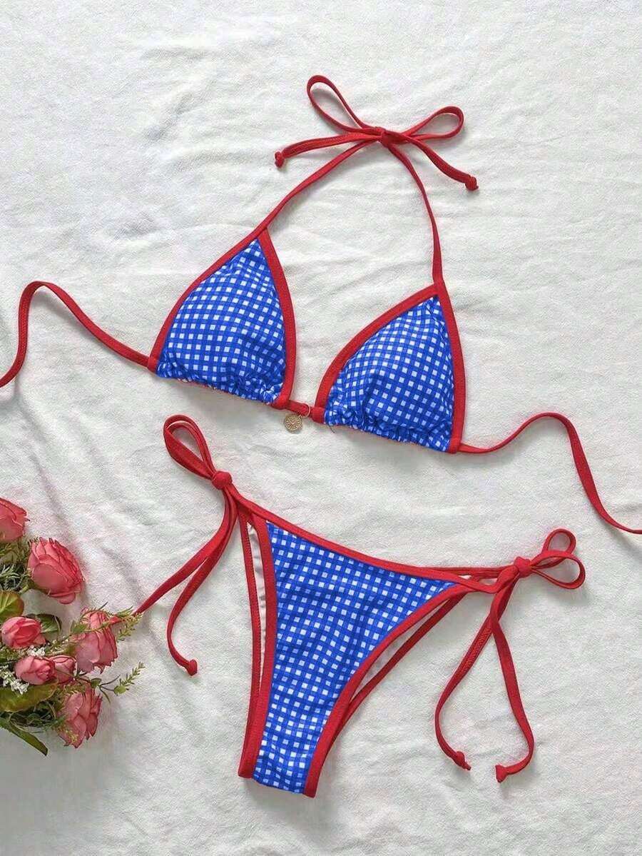 Vestido de playa informal de talla grande para mujer con estampado aleatorio y diseño de anillo en el cuello halter - Azul - Ver 1