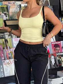 Top de lencería de moda para mujer  camiseta sin mangas de cuello redondo ajustada de estilo casual y sexy para primavera/verano, adecuada para uso diario y viajes a la oficina - Amarillo - Ver 8