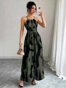 Vestido de línea A con estampado gráfico en blanco y negro, con hombros abiertos, nudo retorcido y escote de halter, elegante para primavera/verano de las mujeres - Verde 2 - Ver 3