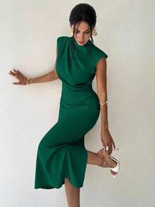 Vestido largo de verano elegante y minimalista para uso diario, viajes y ocasiones casuales, con cuello mao, mangas drapeadas y cintura ceñida, color albaricoque - Verde Oscuro - Ver 6