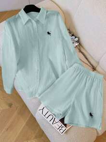 Conjunto de camisa de manga larga a rayas de un solo pecho y pantalones cortos versátiles de estilo vintage casual - verde menta - Ver 5
