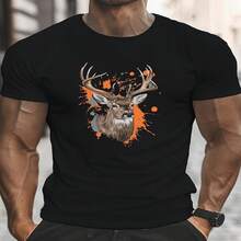 Esta camiseta casual de cuello redondo para hombre, ligera y transpirable, con temática del Día de la Independencia/Día del Padre, presenta un estampado realista de ciervo, ideal para lucir cómoda en verano. También es un regalo perfecto para la mejor mamá en el Día de la Madre. - Negro - Ver 1