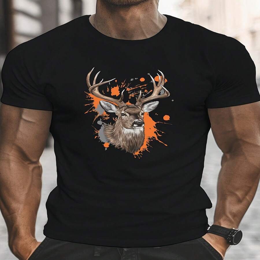 Esta camiseta casual de cuello redondo para hombre, ligera y transpirable, con temática del Día de la Independencia/Día del Padre, presenta un estampado realista de ciervo, ideal para lucir cómoda en verano. También es un regalo perfecto para la mejor mamá en el Día de la Madre. - Negro - Ver 1