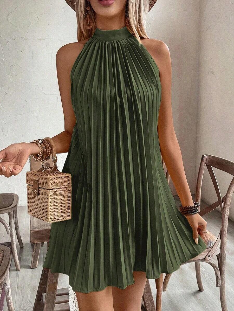 Vestido plisado con hombros abiertos y estampado para vacaciones, conjunto de ropa de playa para vacaciones - Verde militar - Ver 1