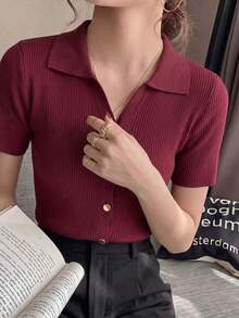 de punto con cuello polo y mangas raglán cortas para mujer, ligera y versátil, ideal para primavera/verano - Burdeos - Ver 4