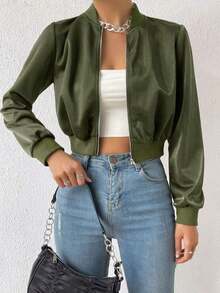 Chaqueta bomber corta con cremallera de color liso, chaqueta ligera de mujer de uso casual para primavera/otoño con manga regular, cuello tipo béisbol y ajuste regular en color negro liso - Verde militar - Ver 1