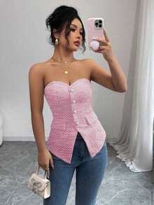 Top corto ajustado de verano para mujer con textura rosa, con detalle de botón de perla - Rosa Fucsia - Ver 5