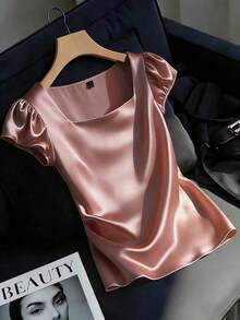 Blusa casual elegante de satén con cuello cuadrado francés, mangas de pétalos y pliegues, adecuada para ir al trabajo, uso diario, reuniones y fiestas, primavera/verano - Rosa vieja - Ver 7