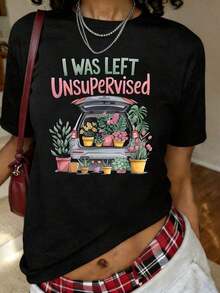 Funny T-Shirt With "They Left Me Unsupervised In The Gardening" Print For Moms And Dads, Short Sleeve Crew Neck T-Shirt, Casual Top For Summer And Spring, Women's Clothing - High Quality - 黑色 - 查看 6