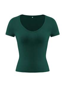 Camiseta ajustada de manga corta con cuello en V de unicolor para mujer, estilo Y2K sexy, adecuada para uso diario casual, blanco verano - Verde Oscuro - Ver 3