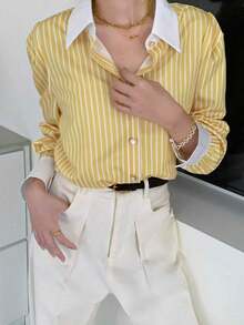 Camisa con botones con estampado de rayas, Top de manga larga - Amarillo - Ver 6