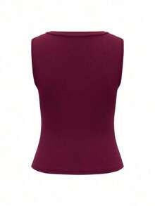 Camiseta de tirantes ajustada con escote en V profundo para mujer  top de punto de unicolor, ropa deportiva para mujer, ropa de carnaval de primavera y verano 2026, adecuada para uso diario, trabajo y casual - Morado - Ver 4