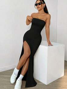 Vestido sin tirantes con abertura alta de unicolor para mujeres - Negro - Ver 4