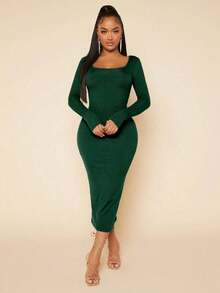 Vestido ajustado unicolor de cuello scoop - Verde Oscuro - Ver 4