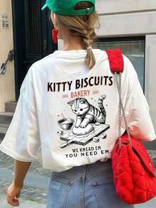 1 pieza de camiseta de verano para mujer con cuello redondo y manga corta, blusa con estampado de gato en inglés, adecuada para verano, playa, calle, uso diario, trabajo, fiesta de oficina, salida, carnaval, festival de música, día de San Valentín, ocasiones festivas. Camisa de estilo moderno para mujer, ropa de vacaciones para damas. Ropa de oficina elegante, blusas bonitas, atuendo de vacaciones para mujer, vestido para una cita nocturna, blusa elegante para damas, ropa casual de verano, atuendo de resort para mujer. AlgodónPuro-Blanco - Blanco - Ver 1