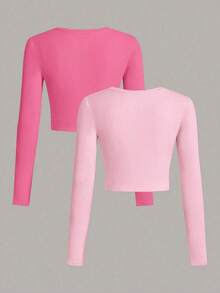 Set de 2 camisetas ajustadas de mujer de cuello redondo, de manga larga y unicolor, aptas para primavera y otoño - Multicolor 6 - Ver 2