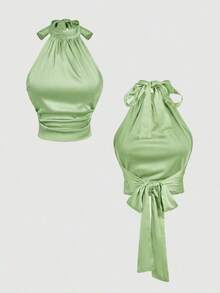 Blusa de mujer con cuello alto, lazo y corbata en color albaricoque - Verde - Ver 1