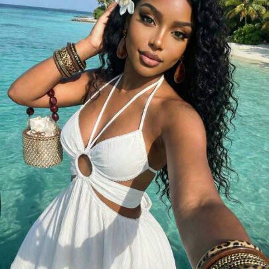 Summer Fashion Basics, Versatile, Casual And Elegant, Suitable For Vacations, Travel, Beaches, Seaside, Pools, Yachts, Sunbathing, Cute And Sweet, Casual And Elegant, Halter Neck Lace Patchwork Hollow-Out A-Line Umbrella Skirt White Crepe Women's Short Dress - Z,Summer Dresses For Women - Blanco - Ver 1
